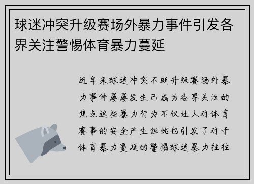 球迷冲突升级赛场外暴力事件引发各界关注警惕体育暴力蔓延