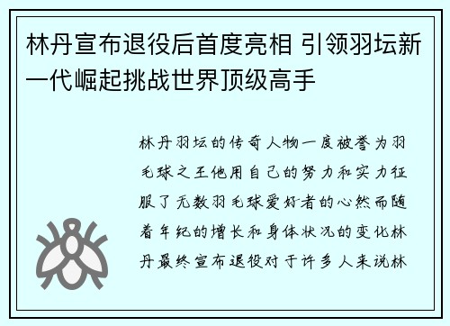 林丹宣布退役后首度亮相 引领羽坛新一代崛起挑战世界顶级高手